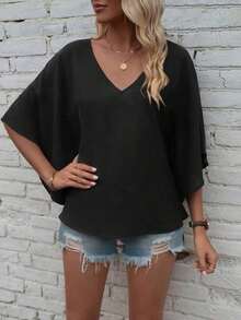 Camisa de manga de murciélago de unicolor casual, verano - Negro - Ver 5