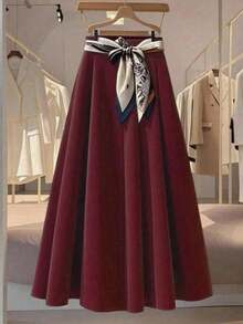 Nuevo cinturón de bufanda de seda larga y versátil, falda blanca de alta calidad para mujer, conjunto de ropa casual blanca para la universidad, ropa de primavera y otoño para mujer - Burdeos - Ver 9