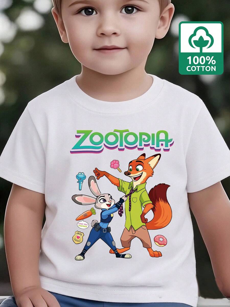Disney Zootopia Collaboration Kids T-Shirt, Boys And Girls Summer Short Sleeve, Judy Nick Cute Print Top - Children's Summer Round Neck Cotton T-Shirt, Cotton Clothes For Kids Boy, Perfect For Outdoor Casual Wear - trắng - Xem 1