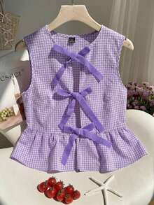 Camisa sin mangas a cuadros rojos y blancos tejida con nudo delantero para mujer - Morado - Ver 6
