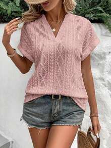 Camiseta suelta de mujer de manga de murciélago con escote en pico, de tela texturizada de unicolor, para verano y vacaciones - Rosa - Ver 3