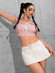 Minifalda vaquera casual con bolsillo y estampado de rayas para mujer, primavera/verano - Blanco - Ver 2