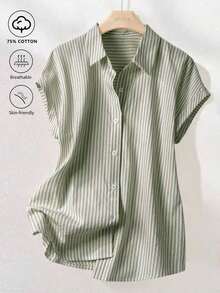 Camisa de manga corta a rayas vintage, de moda para ir al trabajo en verano - Verde militar - Ver 9
