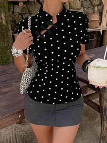 Blusa de cuello Mao de manga corta con cintura ceñida, estilo chino nuevo en color albaricoque, nuevo diseño de primavera/verano para mujer - Blanco y Negro 2 - Ver 5