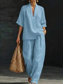 Women's Two-Piece Set, European And American Style, Spring/Summer 2026, Loose Fit, Casual, Comfortable, Simple, Solid Color - Green - View 8