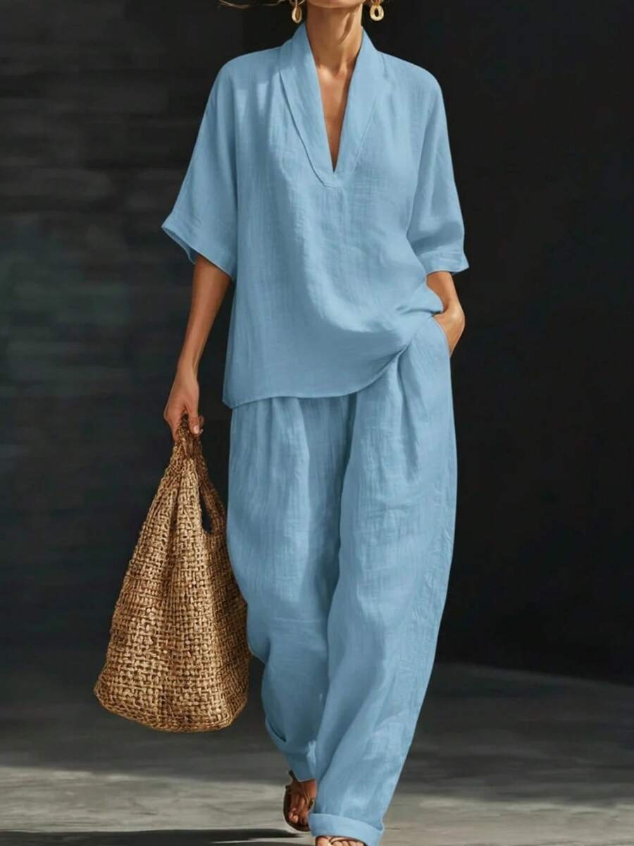 Women's Two-Piece Set, European And American Style, Spring/Summer 2026, Loose Fit, Casual, Comfortable, Simple, Solid Color - Blue - View 1