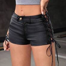 Women's Retro Punk Grommet Lace-Up Black Coated Low Waist Shorts, Versatile Casual Slim Fit Shorts - Negro - Ver 4