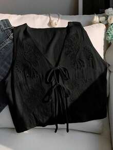2026 Nuevo Top sin mangas con cuello en V, lazo delantero y bordado floral para mujer, ideal para vacaciones en la playa, uso casual, estilo Y2K de los 2000, primavera, graduación, fiesta de boda, vacaciones elegantes, San Valentín, carnaval, - Negro - Ver 6