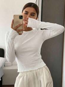 Blusa de manga larga de cuello redondo, ajuste delgado, con estampado de lunares, ropa de otoño para mujer - Blanco - Ver 2