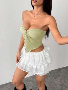 Top tubo de punto de textura amarillo ganso para mujer con abertura anudada en el medio delantero y borde ondulado, ajuste ceñido, para uso en fiestas, vacaciones y otoño/invierno - verde menta - Ver 4