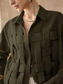 Camisa de mujer de tejido liso de punto a mano con hombros rectos, mangas largas, abertura media, diseño de estructura de punto a mano, uso casual, camisa marrón para verano y primavera - Verde militar - Ver 4