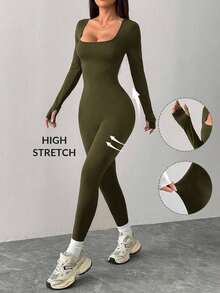 PETITE Mono Negro de Punto con Cuello Cuadrado, Ajustado, Casual, Deportivo, para Yoga, Otoño - Verde militar - Ver 12