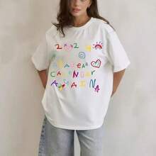 Camiseta de manga corta de algodón para mujer, talla grande, estilo europeo y americano, moderna, holgada, con estampado de letras, para verano. - Negro - Ver 4