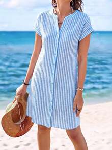 Vestido camisero de verano para mujer, de manga corta, cuello en V y rayas, hasta la rodilla, vestidos de verano para mujer, vacaciones - Celeste - Ver 8