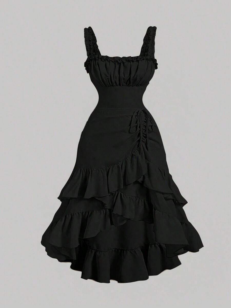 MOD Vestido de estilo vintage de palacio con volantes multicapa y diseño romántico en color albaricoque para mujer de talla grande - Negro - Ver 1