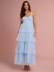 Vestido de mujer elegante de unicolor con tirantes de malla - Celeste - Ver 4