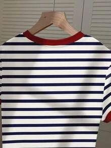 Camiseta de mujer de manga corta con cuello redondo, bloque de color, bordado de corazón a rayas y versátil - Multicolor 2 - Ver 5