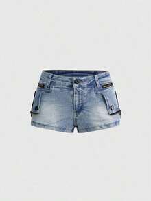 Grunge Punk Shorts vaqueros de tiro súper bajo para mujer con bordado de calavera y decoración de remaches, estilo Y2K Baddie - Celeste - Ver 2