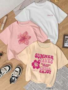 Set de 3 camisetas de manga corta con cuello redondo y estampado floral minimalista y elegante de verano, versátil para uso diario y casual para mujeres en color rosa - Rosa - Ver 2