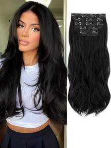Juego de extensiones de cabello ondulado de 20 pulgadas en capas de color morado profundo-rojo, adecuado para mujeres, incluye 5 pinzas de cabello rojas, que presenta un accesorio de cabello sintético esponjoso y suave de color morado profundo-rojo - Multicolor - Ver 8