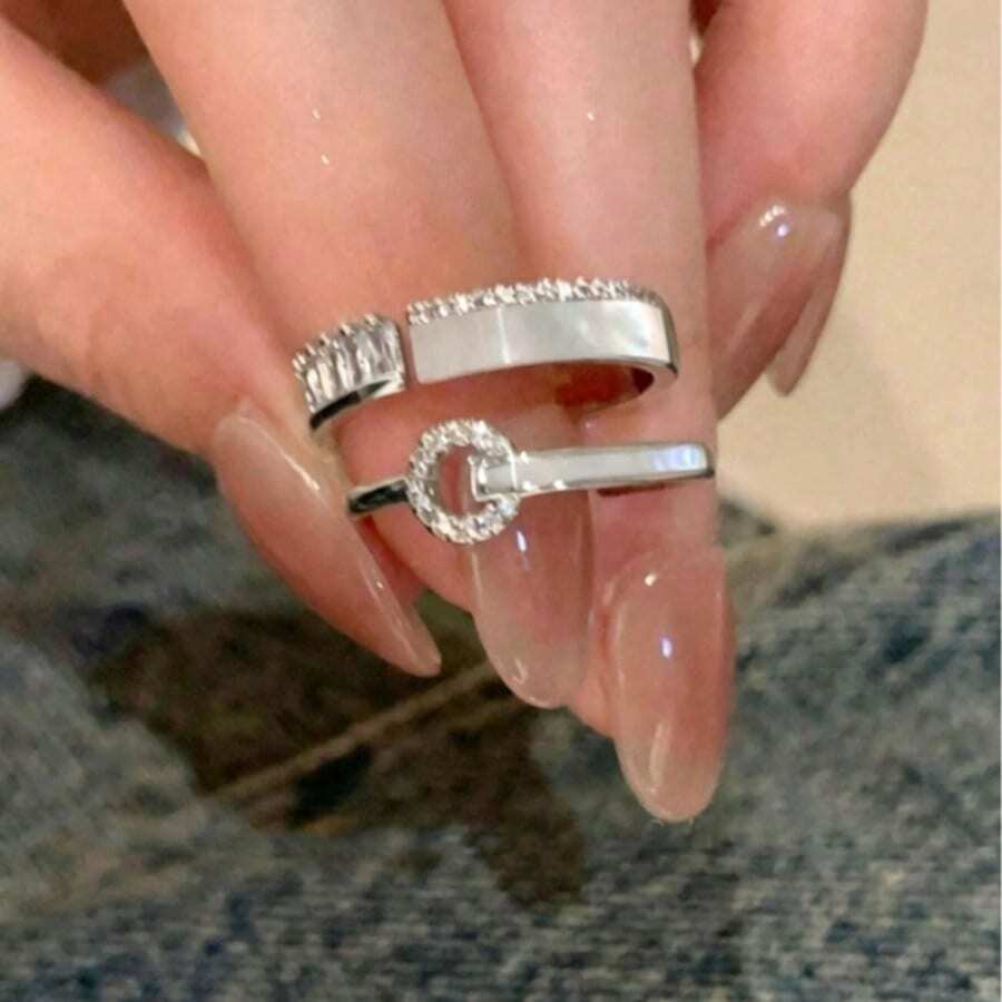 两件套女士时尚奢华简约立方氧化锆戒指，百搭独特高端优雅可调节指节戒指，适合宴会、婚礼、日常佩戴和节日佩戴。 - 銀色 - 查看 1