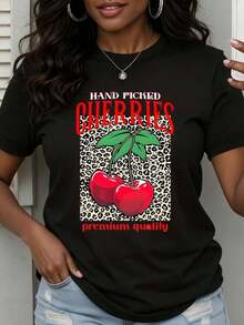 Summer Vibes Women's Crew Neck T-Shirt With Cherry And Leopard Print, Hand-Selected Cherries, Premium Quality Graphic T-Shirt, Casual Everyday Wear - Vintage Urban Style, Unisex Loose Fit Short Sleeve Crew Neck Cotton T-Shirt - 黑色 - 查看 6