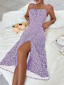 Vestido largo con estampado floral diminuto y abertura lateral para mujer - Morado - Ver 5