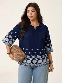 Blusa de verano de talla grande, de unicolor, hueca, bordada, casual, para vacaciones, temporada de bodas, nuevo diseño de playa para mujer - azul real - Ver 4