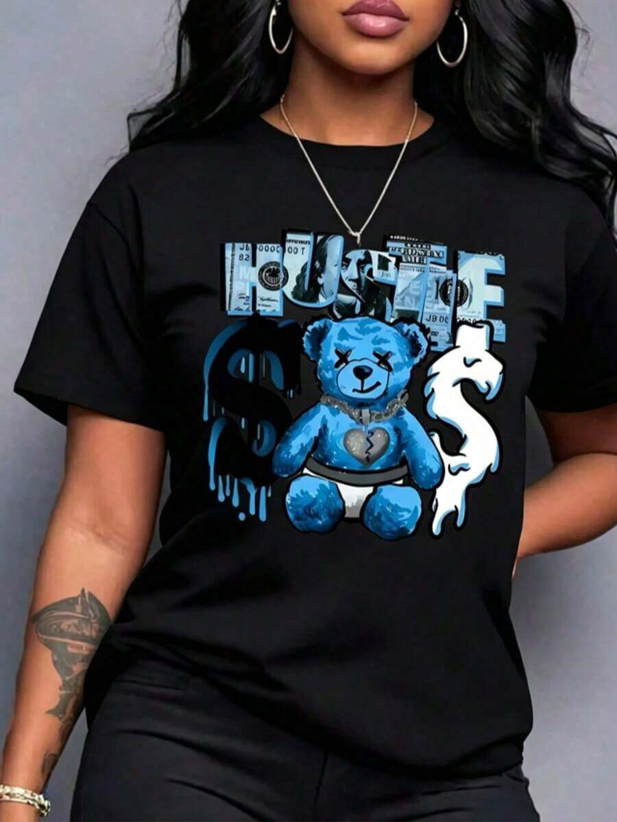1 Piece Casual Fashion For Men And Women Spring Clothes Women Light Blue Bear Pattern Printed T-Shirt - Short Sleeve Round Neck Casual Top With Effort Slogan And Dollar Sign Design, Machine Washable Suitable For All Seasons, Comfortable Loose Fit And Comfortable Summer Versatile Style, Easy To Match, Suitable For Daily Wear, Urban Style, Holiday Outfits, Weekend Outfits. - 黑色 - 查看 1