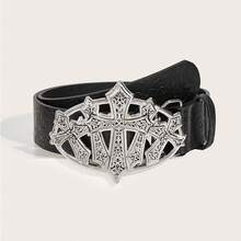 1pc Vintage Alloy Buckle Printed PU Leather Belt, Suitable For Western Cowgirl Style - Black - View 8