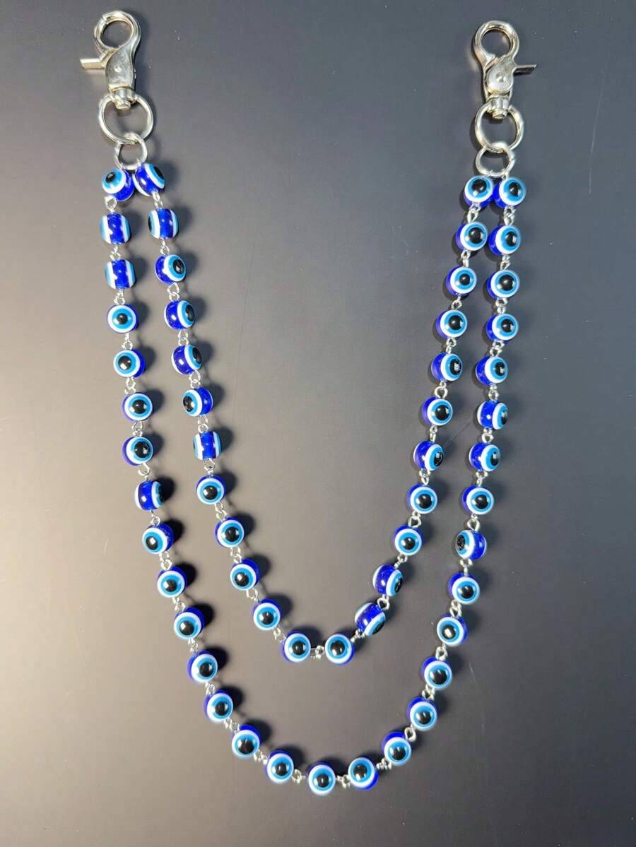 1pc Devil's Eye Double-Layer Men's Punk Style Spiked Chain Waist Chain, Personalized Punk Fashion Hip Hop Street Dance Jeans Waist Chain, Versatile Pants Accessory, Hip Hop Ins Minimalist Waist Chain, Suitable For Key Holder, Wallet, Gift - Blue - View 1