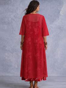 Spring/Summer Plus Size Women's Elegant Floral Print Spaghetti Strap V-Neck Dress With 3/4 Sleeve Sheer Cardigan Two Pieces Set Vacation - Red - View 2