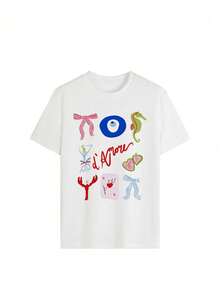 Camiseta de mujer "Estilo mediterráneo de la Amalfitana", ajuste regular, camiseta con patrón artístico pintado a mano, cómoda blusa de manga corta de verano italiano, cuello redondo único, estilo retro de ocio y gastronomía, moda casual blanca - Blanco - Ver 3