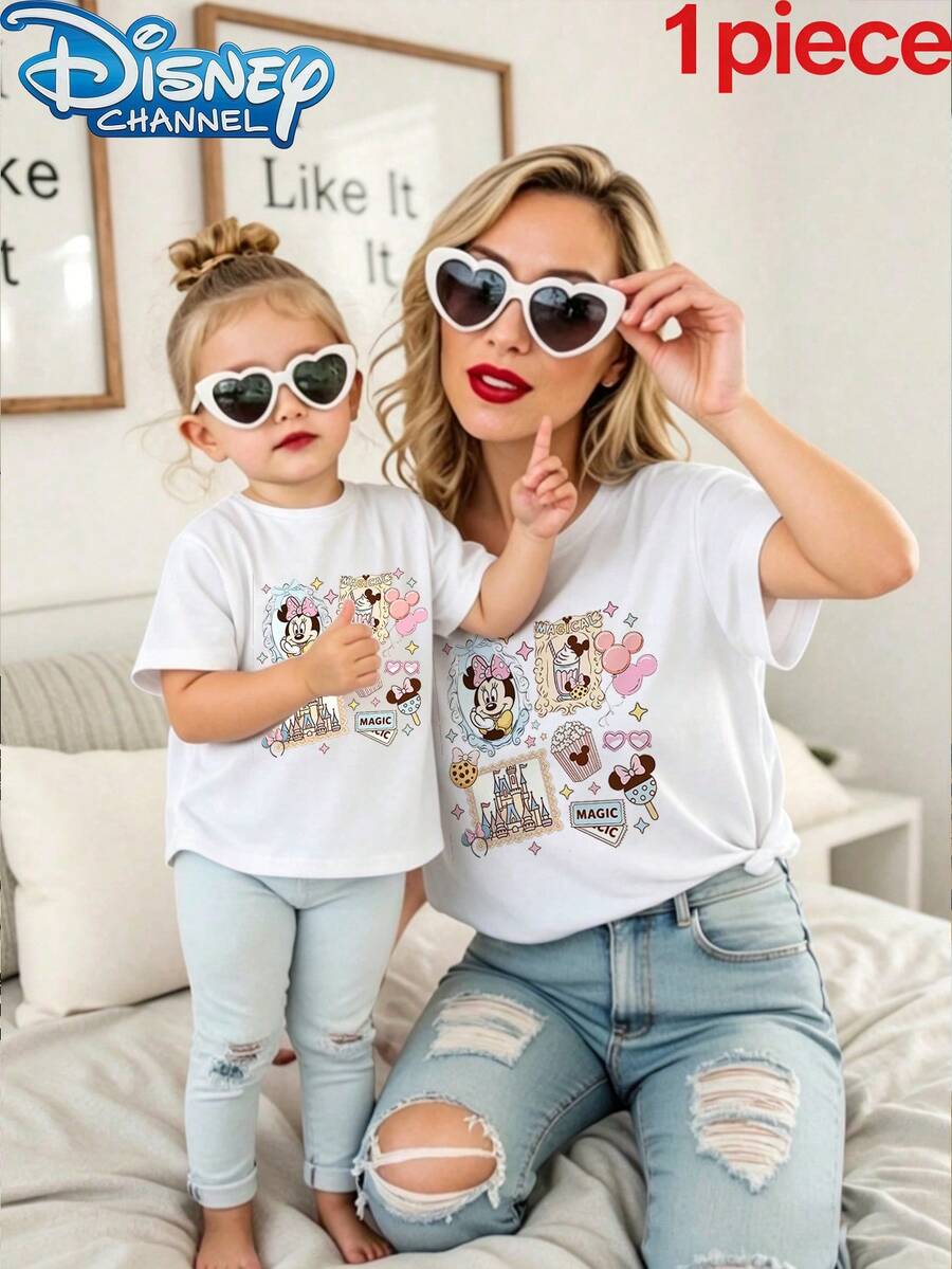Disney 1pc Girls Casual Minnie Mouse Castle And Snacks Print Short Sleeve T-Shirt Mommy And Me Matching Outfits Clothes For Girls Summer - 白色 - 查看 1