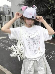 Women's Summer 2026 Custom Blouse, Round Neck, Casual Country Style Floral Print, Versatile Short Sleeve Sweet Korean Style Student T-Shirt, 1 Piece, Loose Cotton White Short Sleeve Round Neck T-Shirt, Urban Vintage Style. - 白色 - 查看 7