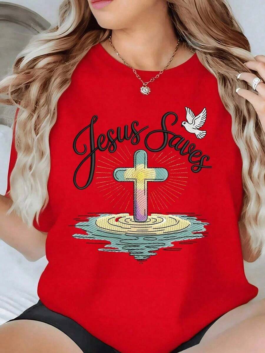 Women's White T-Shirt With Colorful Cross Graphic And "Jesus Saves" Phrase, Inspirational Christian Faith Aesthetic T-Shirt, Modern Spiritual Religious Top, Casual Blouse For Church, Pretty Blouses, 100% Cotton - 紅色的 - 查看 1