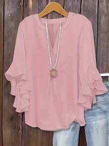 Comfortable Linen Retro Solid Color Blouse, Half-Open Collar Loose Flattering Layered Ruffle Sleeve Women Shirt Pink - Pink - View 9