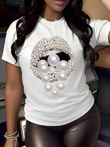 WHITE T-Shirt With Skull Design Decorated With Pearls | Elegant Pearl Design That Shows Personality And Style - White - View 6