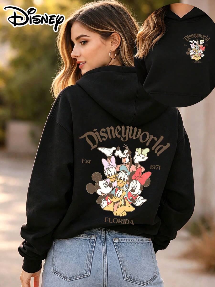 Disney Official Authorization | Women's Hoodie Features Vintage Double-Sided Prints Of Mickey Mouse, Minnie Mouse, Donald Duck, Daisy Duck, Goofy And Pluto. With A Loose Oversize Fit, It Is Perfect For Daily Casual Wear, Outings And Shopping, And Also Serves As An Ideal Gift. - màu đen - Xem 1