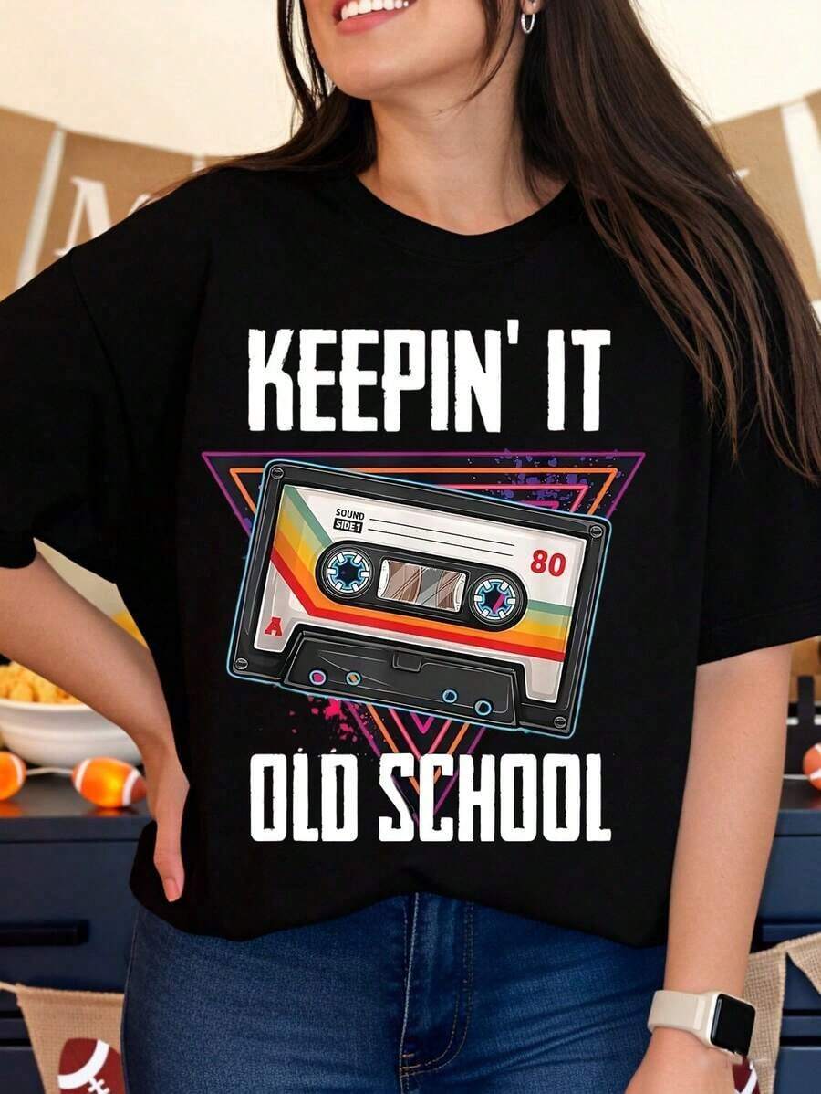 Camiseta Retro Estilo Casete de la Vieja Escuela, Estilo Vintage de los 80, Unisex, con Diseño Gráfico para Amantes de la Música, Ropa Casual para Fiestas - Negro - Ver 1