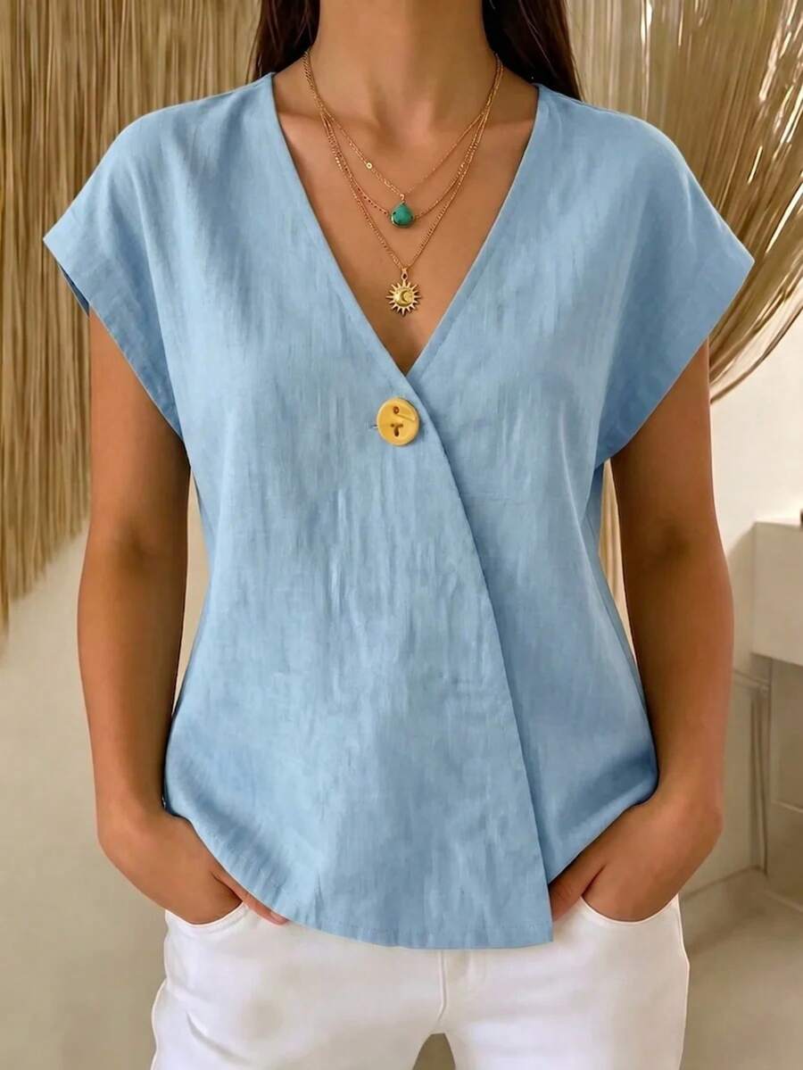 Women's Lime Green T-Shirt With V-Neck, Kimono Neckline And Decorative Button, Breathable Linen Fabric, Casual Chic Style Ideal For Holidays And Summer Looks. - 淺藍色 - 查看 1