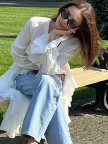 White Beach Blouse With Ruffles, V-Neck And Bell Sleeves, Exclusive Design With Long Trailing Skirt - White - View 5