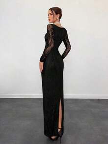 Vestido negro ajustado hasta el suelo con cuello corsé ahuecado y mangas largas con encaje en forma de S sexy para mujer para fiestas, citas y banquetes de otoño/invierno nuevo - Negro 2 - Ver 2