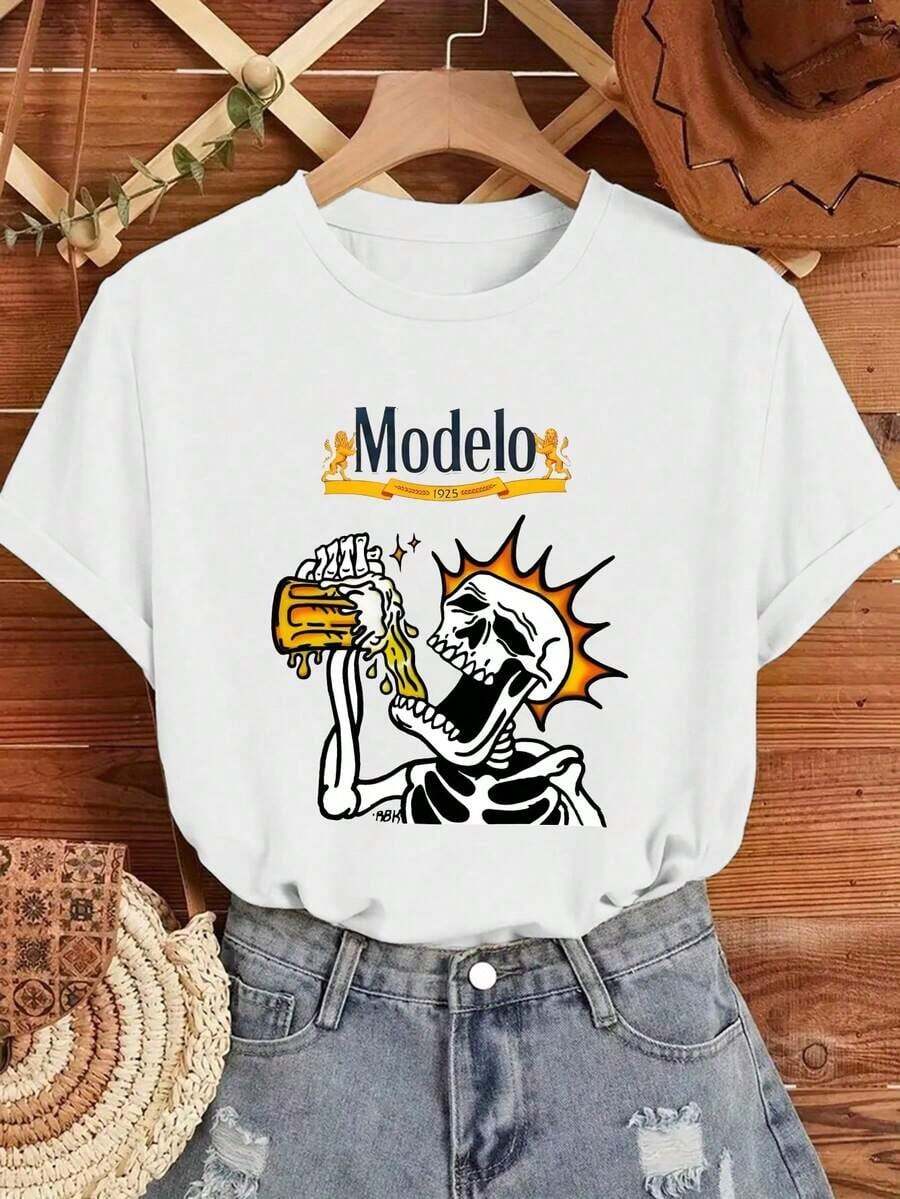 ofertas y liquidacionesWomen's Graphic T-Shirt |   Diseño de Calavera Bebiendo Cerveza |   Tela 100% Algodón |   Suave y cómodo |   Perfecto para uso casual y regalos |   Camiseta unisex de cuello redondo |   Hecho en México |   Domestic Shippingplayera de hombretops sudaderas para mujer Y2k Camiseta Camisa De - Blanco - Ver 1
