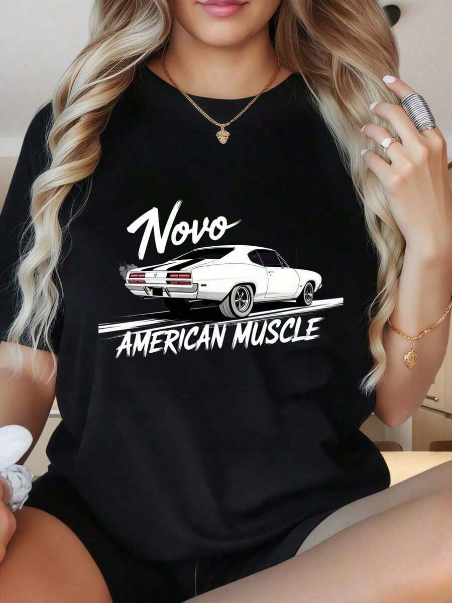 Women's Short Sleeve Crew Neck T-Shirt, Classic American Car Design, Casual Graphic Tee, Classic Car Design In Black, Fashion Top. Fun Prints Are Suitable For Christmas Parties, Sports Activities, Holiday Parties, Outings, Sports, And Other Holiday Gifts (220g). - 黑色 - 查看 1