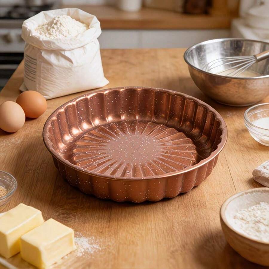 Loyang Tart Bulat Bergelombang Anti Lengket Warna Coffee Gold. Loyang Panggang untuk Pai, Tart & Makanan Penutup, Oven - Peralatan Panggang Dapur dengan Fitur Mudah Dilepas - View 1
