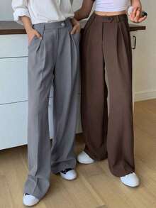 1 pieza Pantalón de vestir de cintura alta con bolsillos en diagonal, atuendo de negocios para mujer - Marrón Chocolate - Ver 5