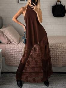 JTI Women's Sleeveless Halter Neck Asymmetrical Hem A-Line Long Dress, Black Sheer Lace, Elegant Casual Commute Date Outfit, Comfortable Fashionable Style, Suitable For Spring Summer Autumn Winter All Seasons - Coffee Brown - View 4