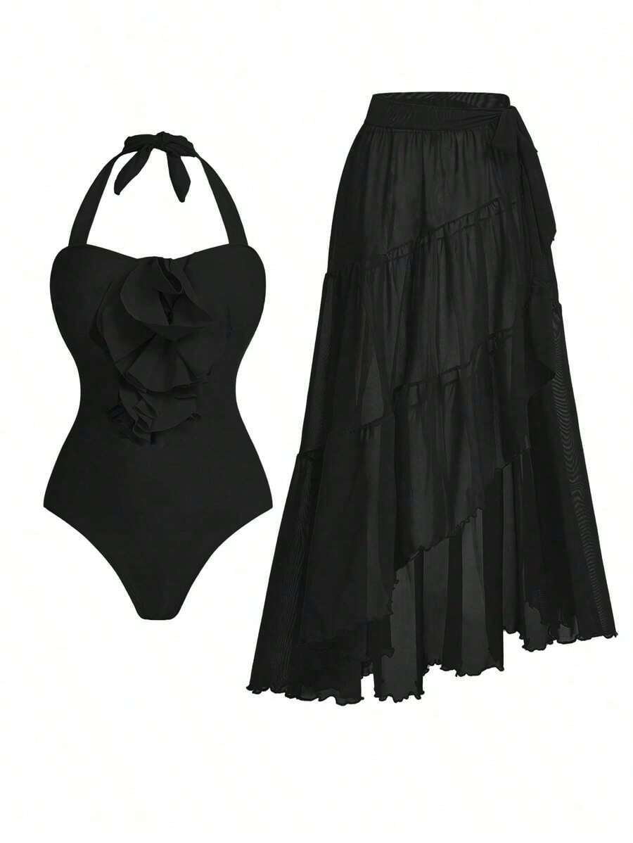 Swim Oasis Conjunto de traje de baño de una pieza con estampado floral 3D para vacaciones de verano - Negro - Ver 1