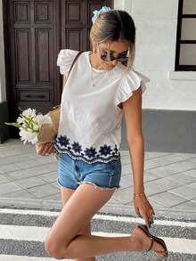 Blusa de verano casual de vacaciones con bordado floral y volantes en las mangas - Multicolor - Ver 2